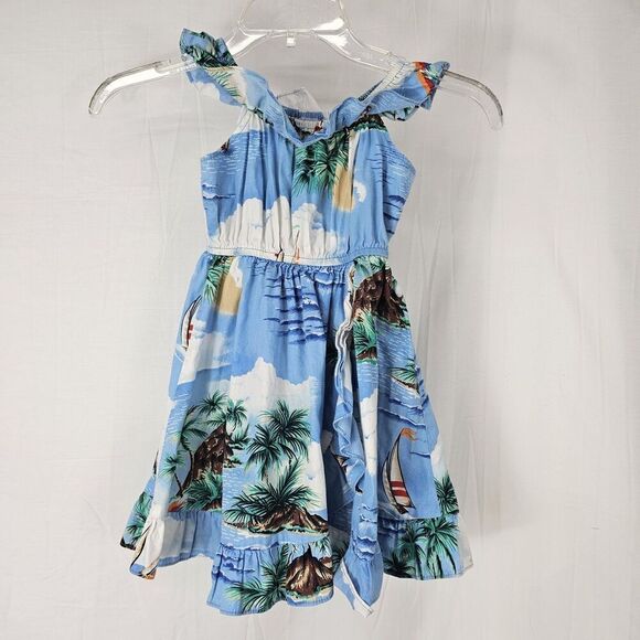 Hilo Hattie The Original Hawaiian Blue Beach Floral Girl Ruffle Dress Size 6 - Picture 1 of 6